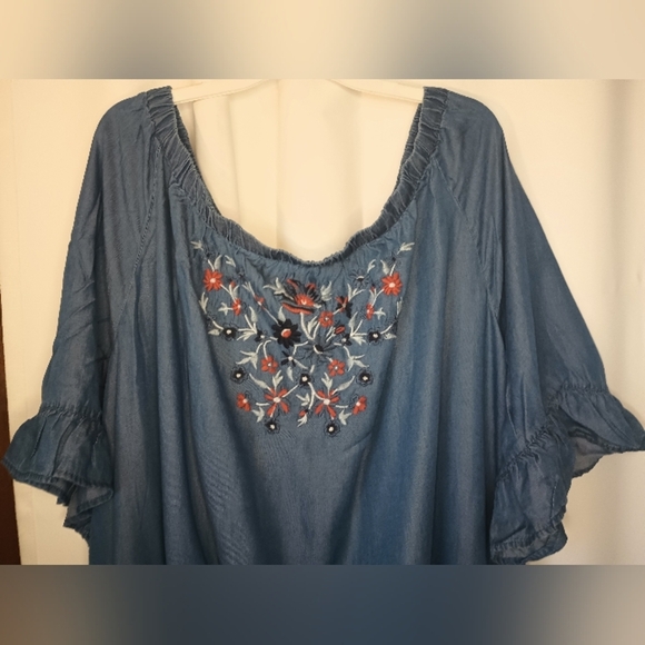 Dreams Co 4X Lyocell Chambray Denim Embroidered Floral Lounge Dress Cottagecore - Picture 3 of 10